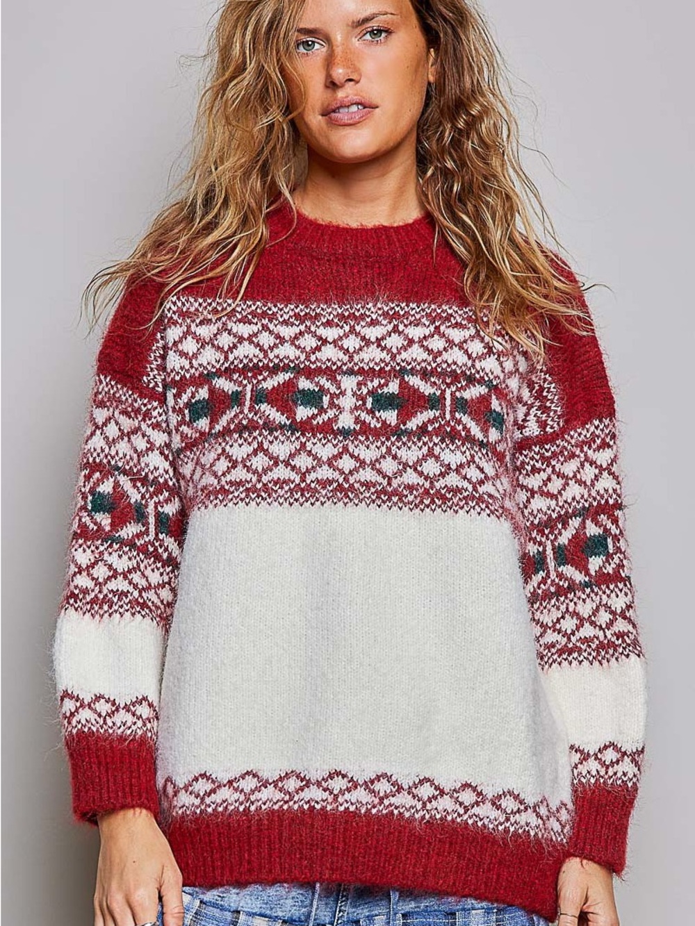 POL Cozy Red & White Fair Isle Women's Sweater